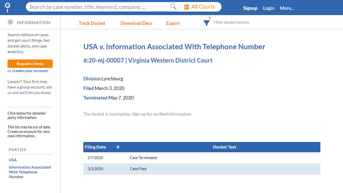 USA v. Information Associated With Telephone Number, 6:20-mj-00007 (W.D ...